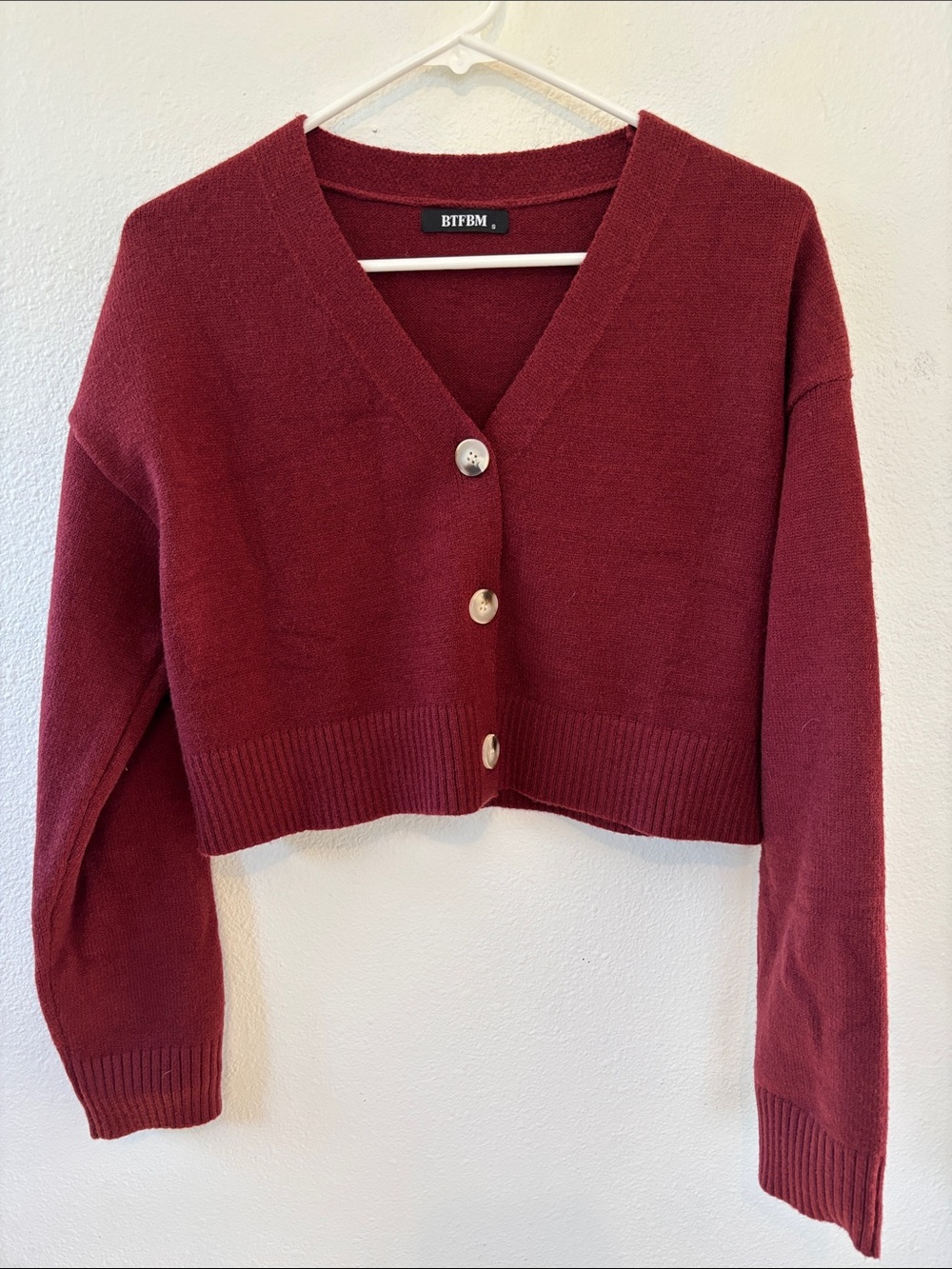 BTFBM Wine Red Cropped V-Neck Cardigan-650sku
